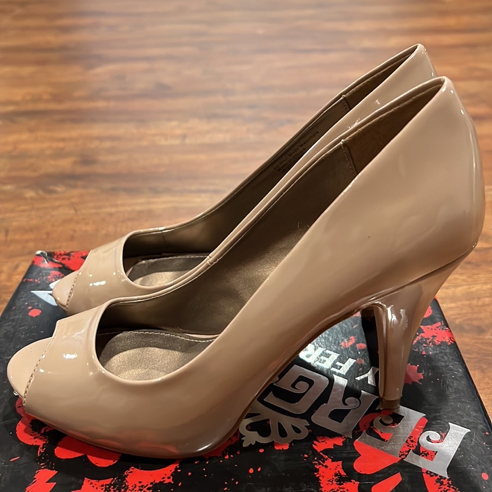Nude Patent Leather Peep Toe Pumps